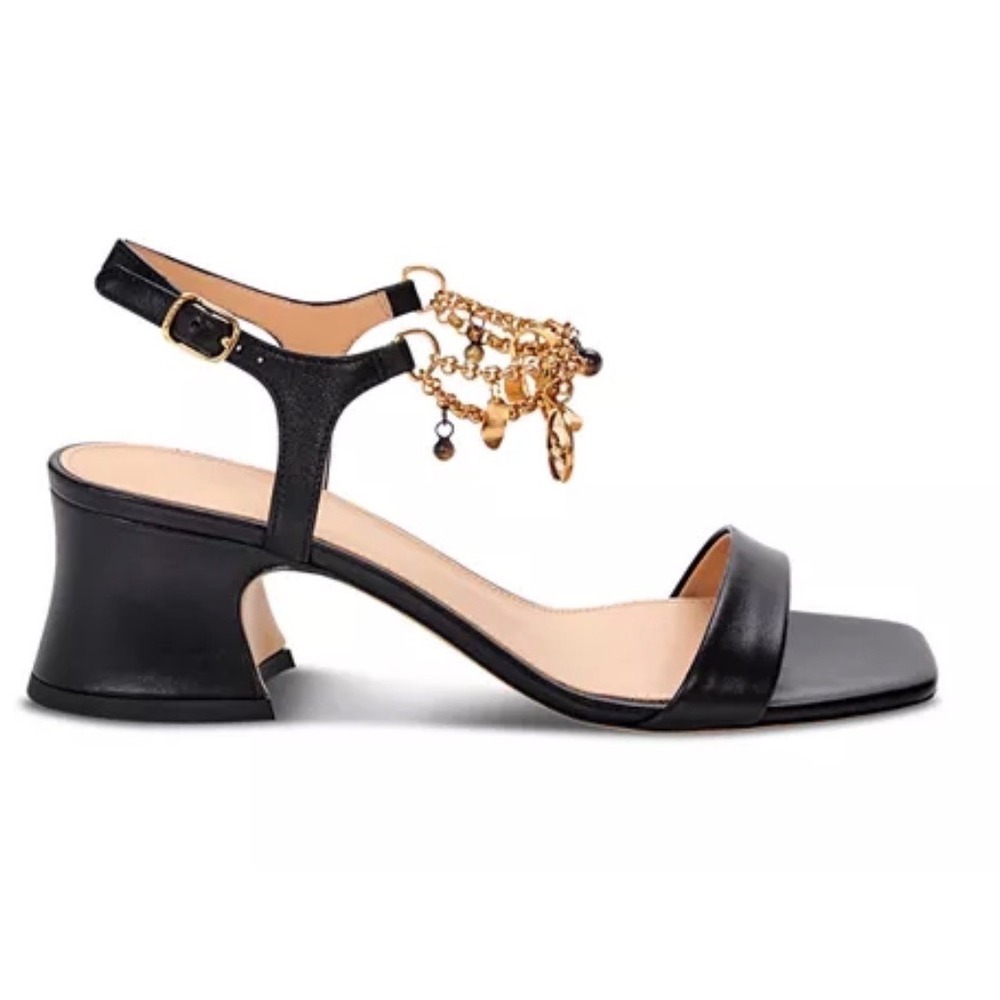 Chloe Black Leather Charms Block Heel Sandals Gold Coin Horse Medallion 40 9.5